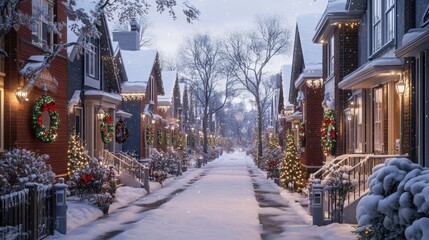Naklejka premium Enchanting Winter Street Scene with Snow-Covered Houses, Twinkling Lights, and Holiday Decor in a Charming Neighborhood Amidst a Winter Wonderland