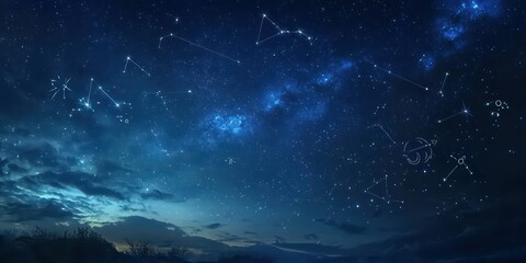 A mystical night sky featuring various star signs and symbols, capturing the essence of astrology.