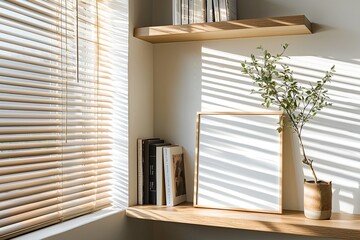 Fototapeta premium Minimalist interior design of a modern living room with a shelf and blank poster frame mockup, books on a wooden stand near a window with blinds. Bright daylight. High-quality photo in natural light