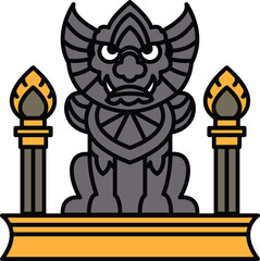 A statue of a dragon with a menacing look on its face stands in front of two lit