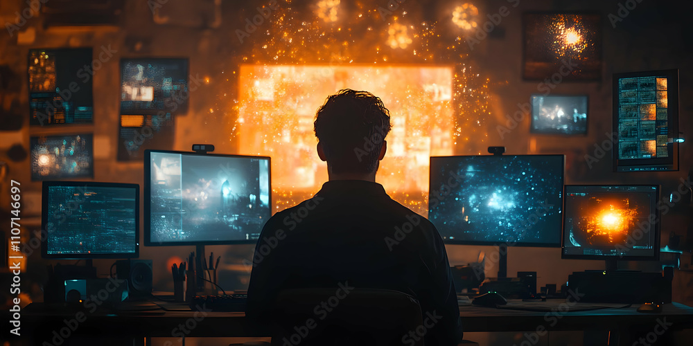 Poster A person sits before multiple screens, illuminated by vibrant visuals and data displays.