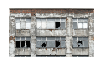 Abandoned building with broken windows and weathered facade