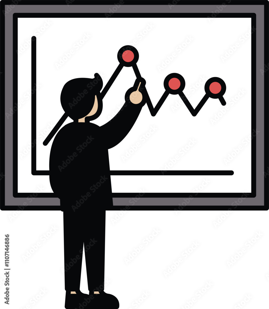 Poster a man is pointing at a graph on a white board