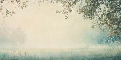 A tranquil sunrise over a misty meadow with dew-covered grass and soft light filtering through the trees. The peaceful ambiance captures the magic of early morning.