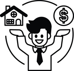 A man is holding a house and a dollar sign