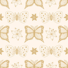 Celestial Butterfly and Flowers Seamless Pattern. Hand drawn Esoteric background with moth. Golden line art. Repeat vector illustration