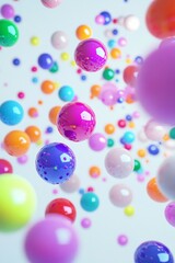 Neon colors glossy balls fall to the floor bounce and repel in different directions, image with white background, art, 3D