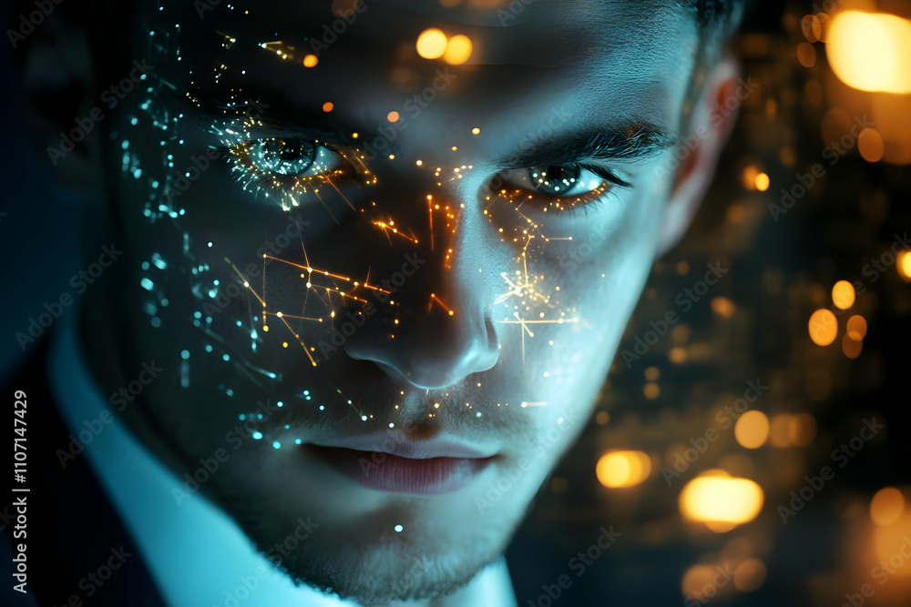 Poster A close-up of a man's face with digital effects representing technology and data.