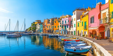 Obraz premium A picturesque coastal village with brightly colored houses, boats docked in the harbor, and a clear blue sky. The charming scene evokes a sense of tranquility and charm.