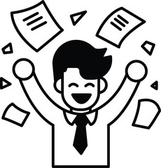 A man is smiling and holding papers in the air