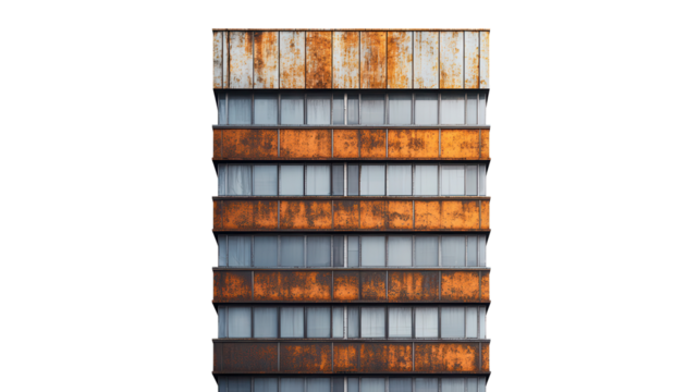 Rusty building facade with modern architecture and large windows