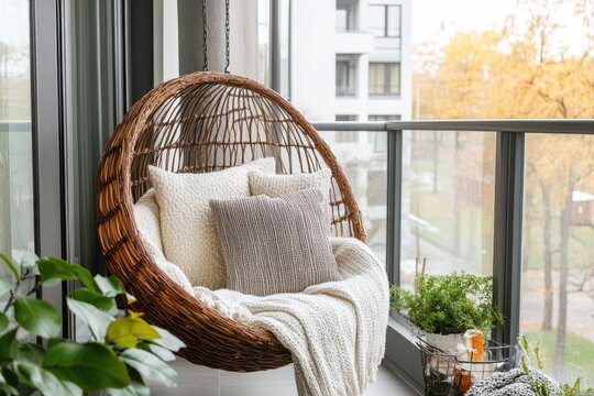 Cozy hanging chair on a modern balcony overlooking an autumn landscape