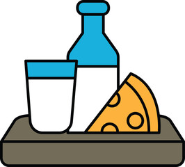 A tray with a glass of milk, a slice of cheese pizza, and a bottle of milk