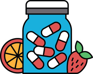 A blue jar with pills and fruit in it