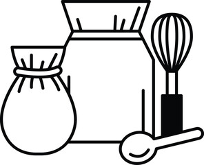 A bag of flour, a whisk, and a spoon are shown in a close up