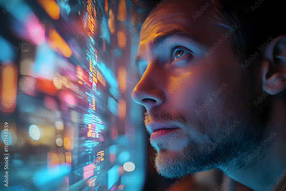 Poster a man gazes intently at vibrant digital data projections.
