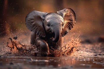 A baby elephant runs through a puddle of water, splashing mud.