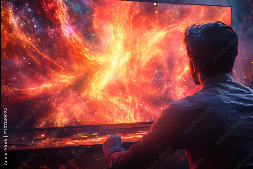 Poster a person gazes at a vibrant cosmic scene on a large screen, immersed in wonder.