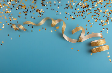 close up on group of gold color of rolling ribbon and confetti on teal background with copy space for christmas festival happy new year ,carnival , birthday and anniversary, concept design