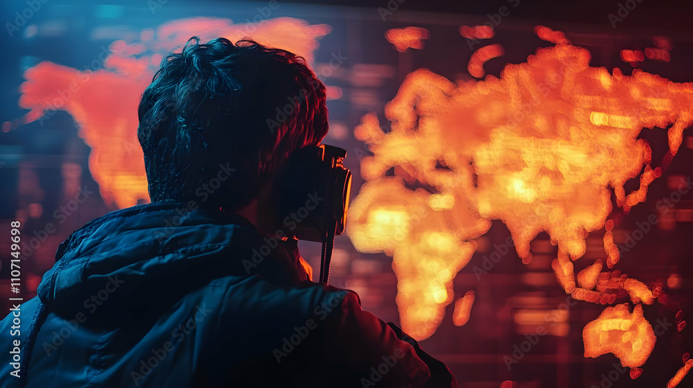 Aufkleber a person observing a glowing world map, possibly analyzing data or global information.
