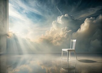 Surreal Composition of a White Chair in an Empty Room with Dreamlike Atmosphere and Soft Lighting, Evoking Feelings of Solitude and Reflection in a Minimalist Setting