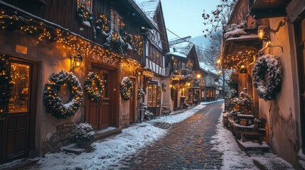 Fototapeta premium Enchanting Winter Scene of a Snow-Covered Street in a Charming Village with Festive Decorations and Warm Lights During the Holiday Season