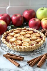 Delicious apple pie on cooling rack with apples and cinnamon sticks.