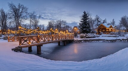 Serene Winter Landscape Featuring Snowy Bridge with Holiday Lights and Cozy Cabin by Frozen Pond at Dusk in a Peaceful Nature Setting