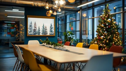 A modern office meeting room with a woman presenting and subtle Christmas touches in the decor