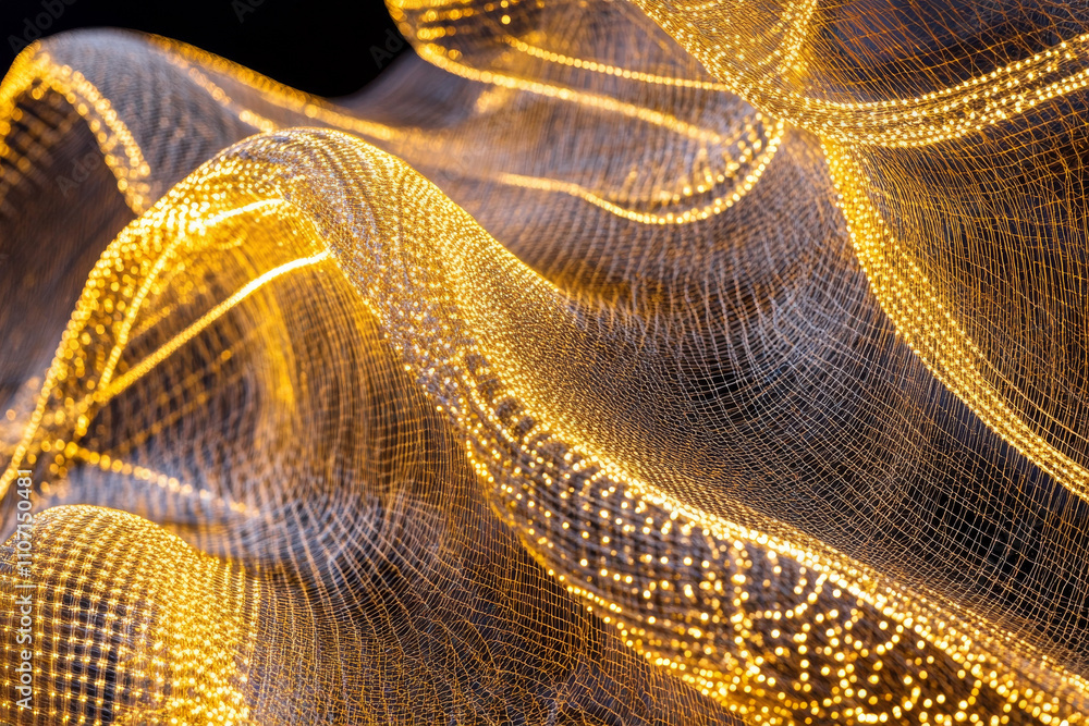 Poster abstract glowing mesh texture, intricate golden threads forming dynamic wave patterns, futuristic an