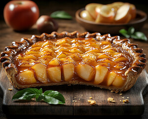 Delicious apple pie with caramel topping, a slice missing, on rustic wooden board.