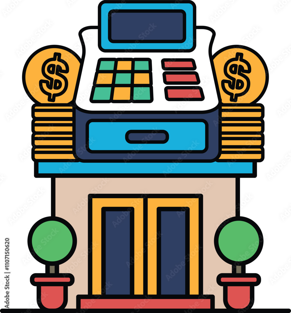 Poster a building with a cash register on top and a pile of coins on the counter