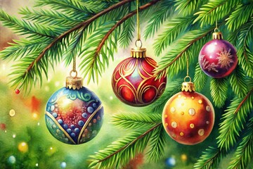 Fototapeta premium A watercolor painting of cheerful Christmas ornaments dangling from a pine branch, capturing holiday spirit and seasonal decor, ideal for winter-themed projects and celebrations.