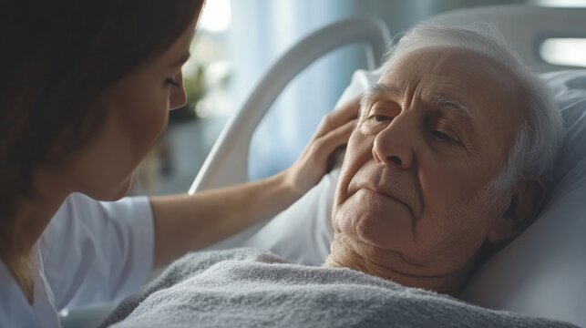 A palliative care nurse providing comfort care to a terminally ill patient in a hospice facility, with comforting environment and compassionate care, Palliative style