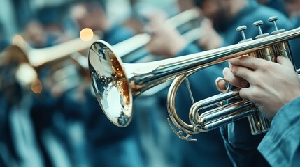 Fototapeta premium Close-up of a brass band trumpet player performing in an outdoor setting, focusing on the shiny instrument and blurred background of musicians in matching attire.
