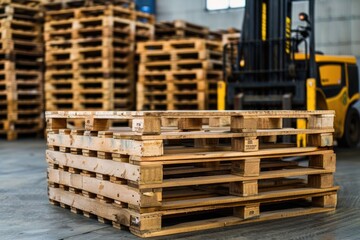 Block Pallet. Modern Manual Forklift Moving Wooden Pallets in Commercial Warehouse