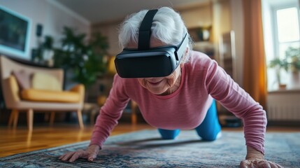 Elderly woman engaging in virtual reality fitness at home