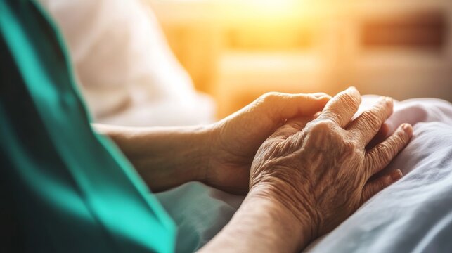 A palliative care nurse providing comfort care to a terminally ill patient in a hospice facility, with comforting environment and compassionate care, Palliative style - Powered by Adobe