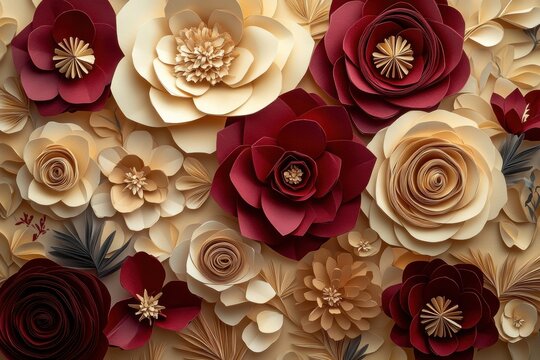 paper cutting art, elegant origami paper cut craft banner with floral-inspired design in burgundy and beige tones exuding sophistication