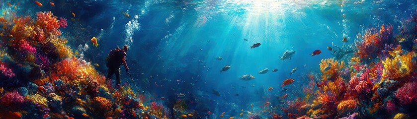 Fototapeta premium Fisherman spearfishing near coral reefs in the Pacific Ocean, vibrant marine life, and underwater serenity