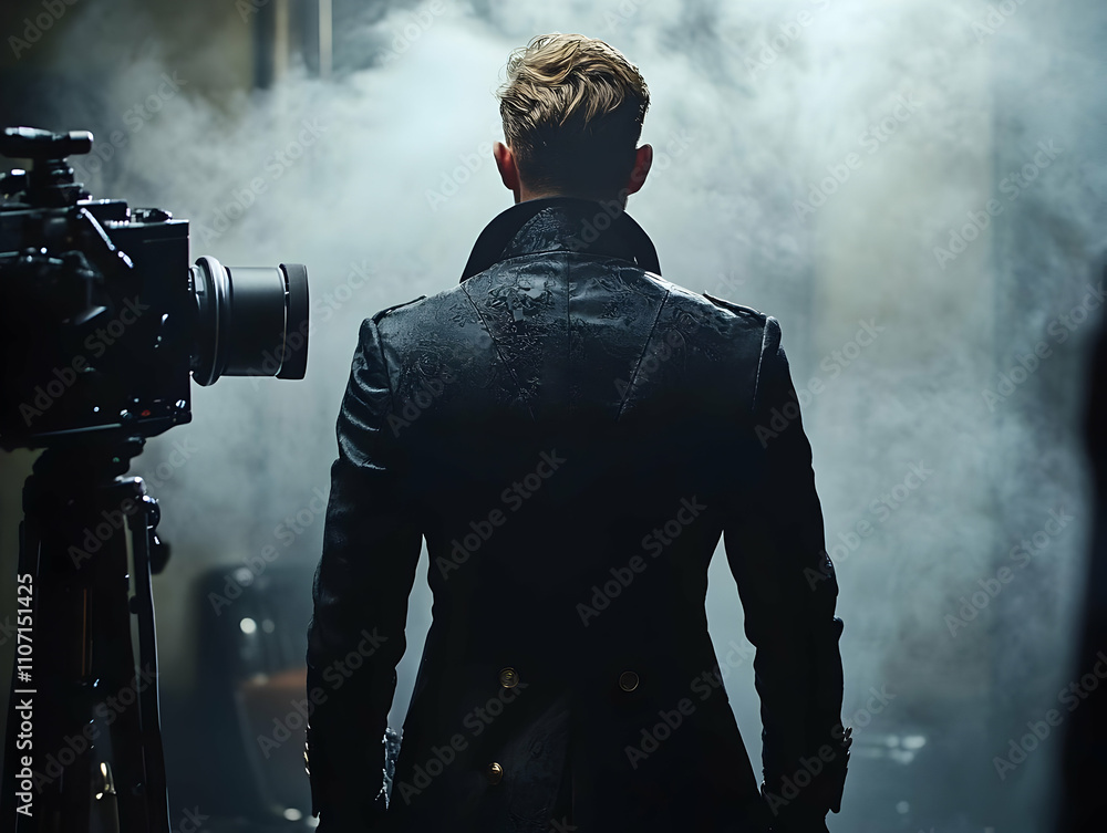 Poster A figure in a dramatic coat stands before a camera in a smoky environment.