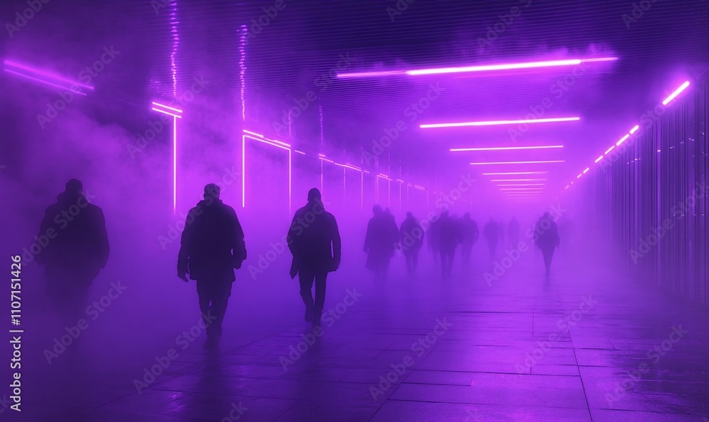 Poster a misty scene with silhouetted figures walking through a neon-lit tunnel.