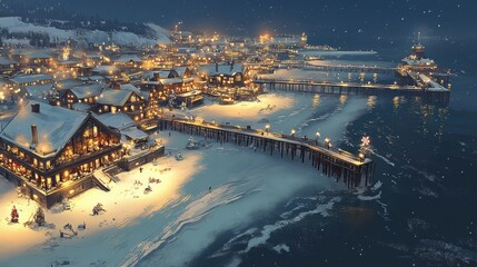 Serene Winter Night Over a Picturesque Coastal Town with Snow-Covered Buildings, Twinkling Lights, and Calm Waters Under a Starry Sky