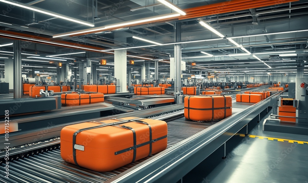 Poster a modern warehouse with automated conveyor belts transporting orange packages.