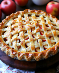 Delicious homemade apple pie with lattice crust, on wooden board.