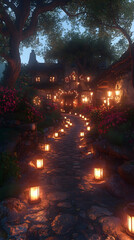 Naklejka premium Enchanting village pathway lit by candle lanterns at dusk.