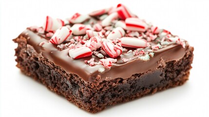 Close up of the fudgy interior of a brownie, topped with a glossy chocolate glaze and crushed peppermint candy, isolated on white