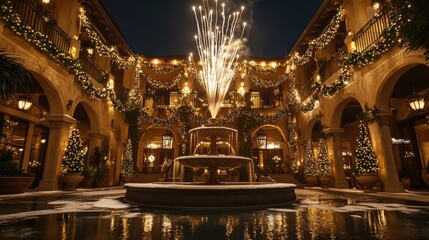 Obraz premium Elegant holiday courtyard with a festive atmosphere featuring a central fountain, twinkling lights, and a dazzling fireworks display against a night sky backdrop.