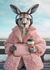 A realistic photo of a kangaroo in a pink fur coat, wearing headphones, holding coffee, and sitting with a fashion bag.