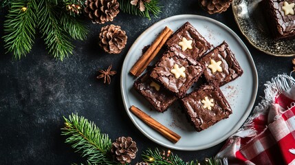 Flat lay of brownies arranged with decorative holiday elements like pinecones, cinnamon sticks, and festive napkins